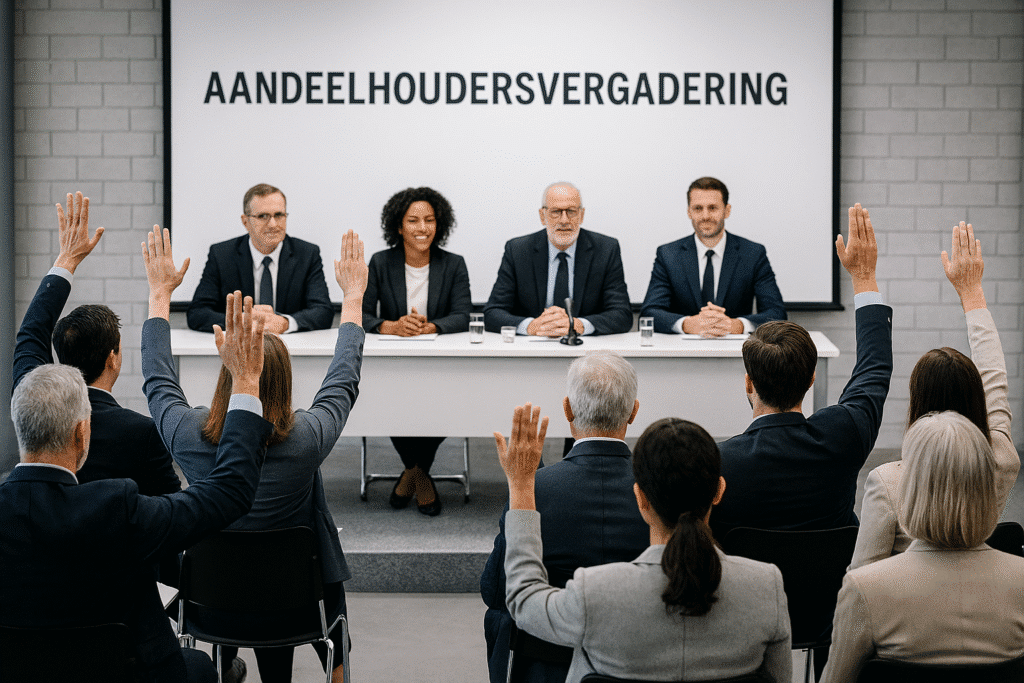 Shareholders raising hands in meeting.