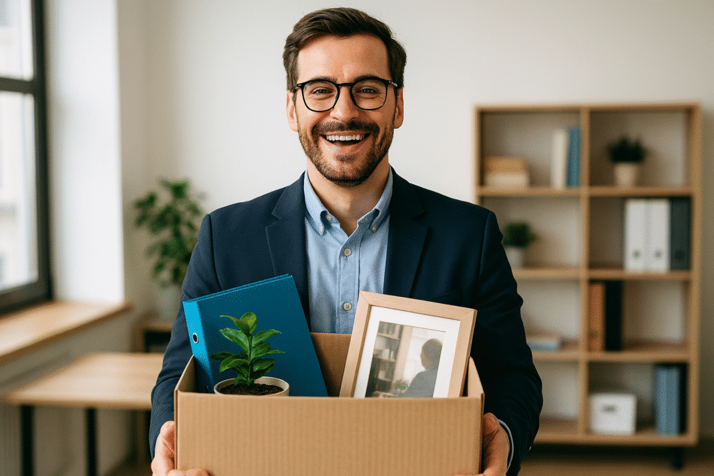 Smiling employee holding a cardboard box.