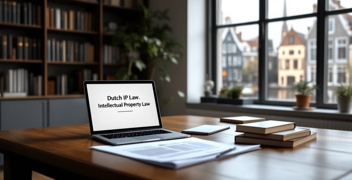 Minimalistic Dutch lawyer's office with desk, laptop, legal documents, and cityscape view.