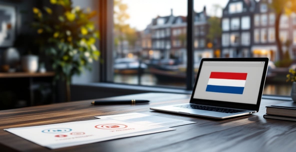 Sleek law office with Amsterdam canal view, legal documents, and laptop showing Dutch flag.