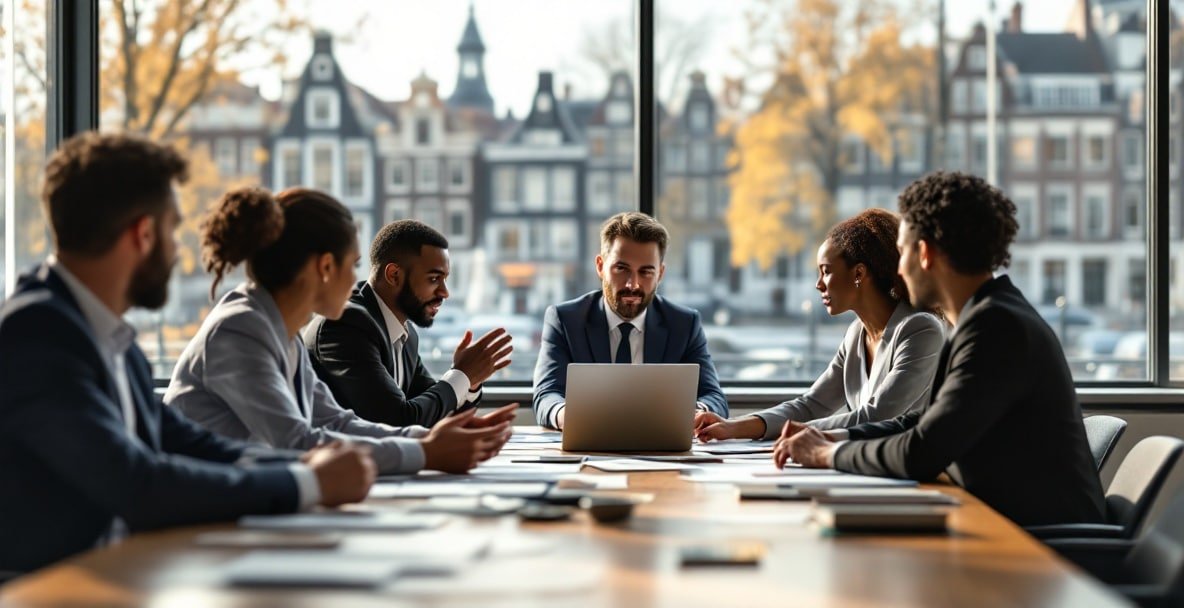 Professionals discuss Dutch IP law in a modern conference room with Amsterdam view.