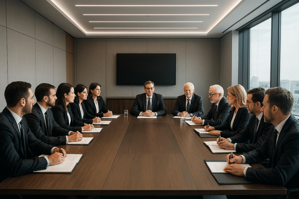Formal meeting in a boardroom setting.