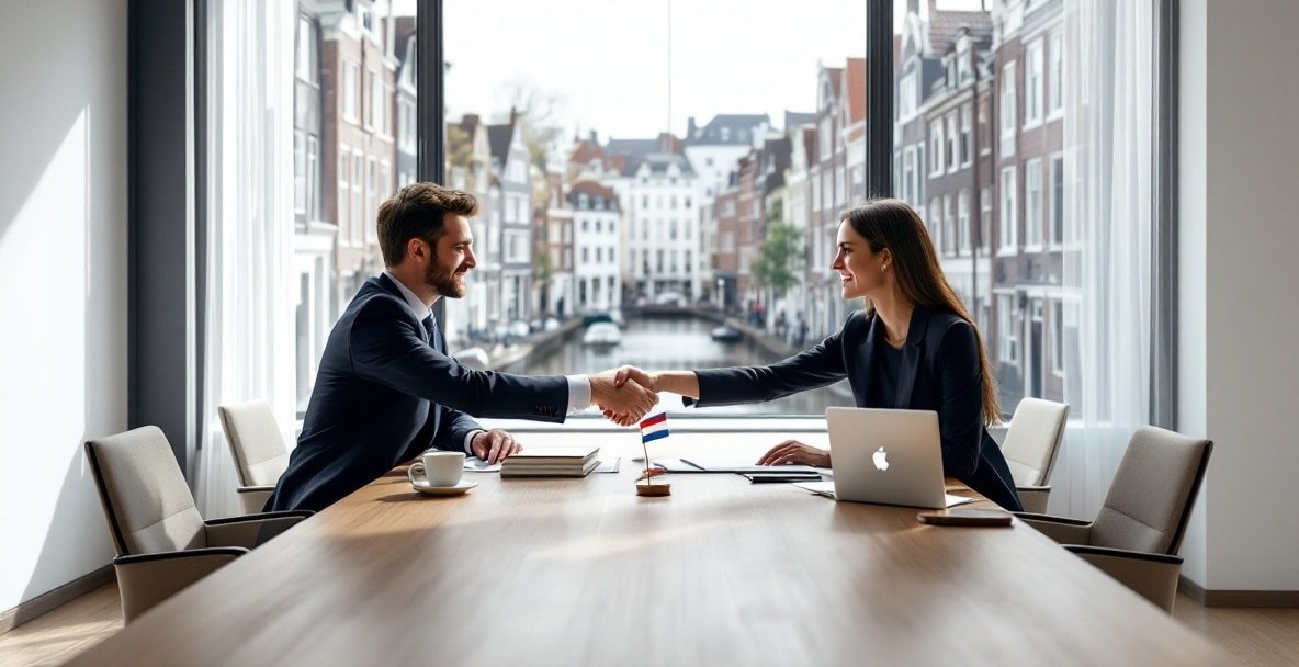 Business professionals shaking hands over Dutch property deal in a modern conference room.