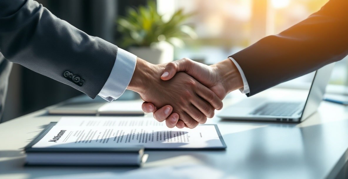 A handshake between a developer and contractor over documents labeled 'Agreement' and 'Contract'.