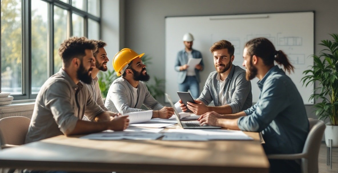 Developers and contractors in discussion at a modern conference table.