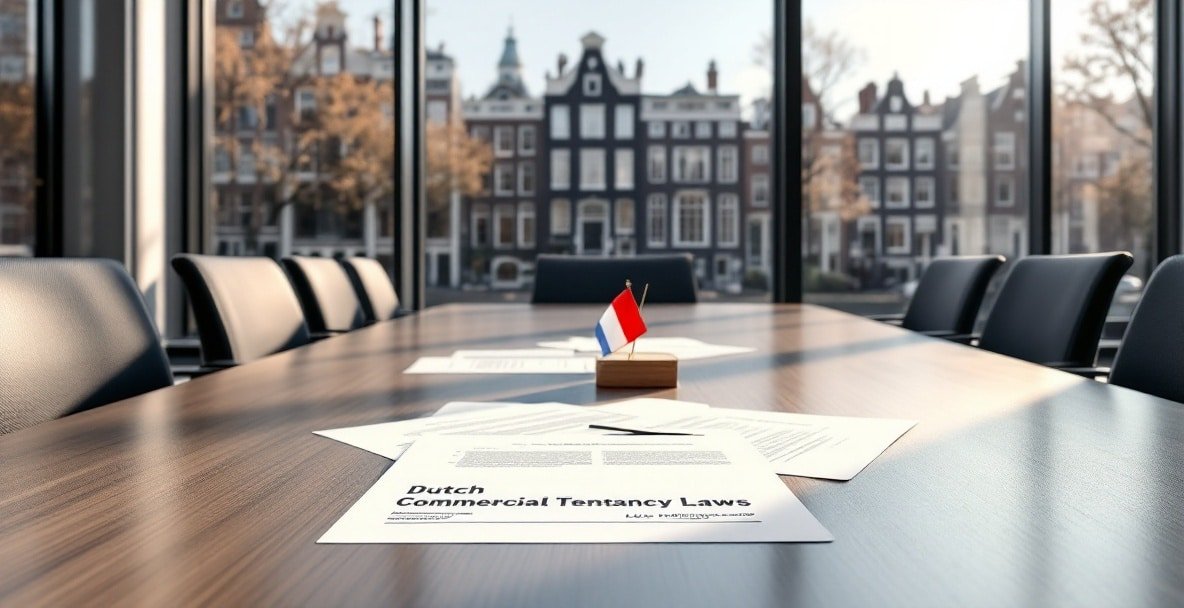 Modern office with conference table, Dutch flag, legal documents titled 'Dutch Commercial Tenancy Laws', Amsterdam view.