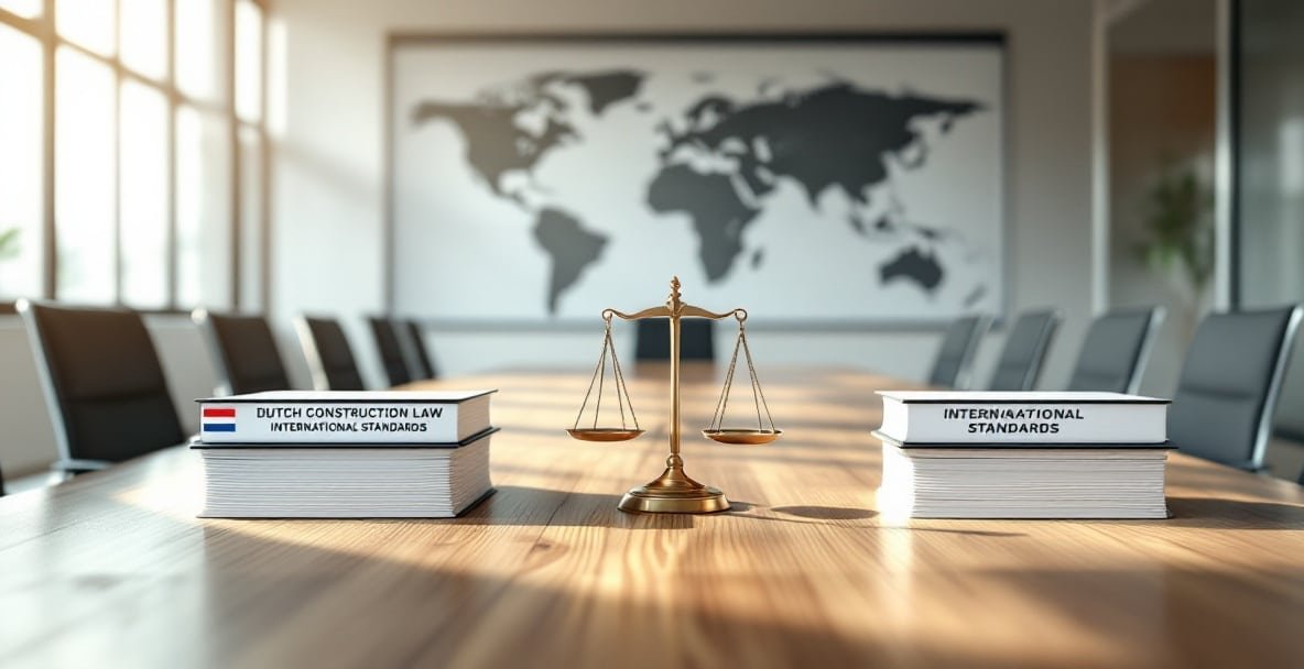 Comparison of Dutch Construction Law with international standards in a modern conference room.
