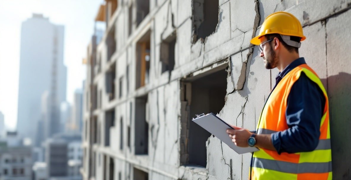Construction worker inspects building defects like cracks and misaligned windows on a partially built structure.