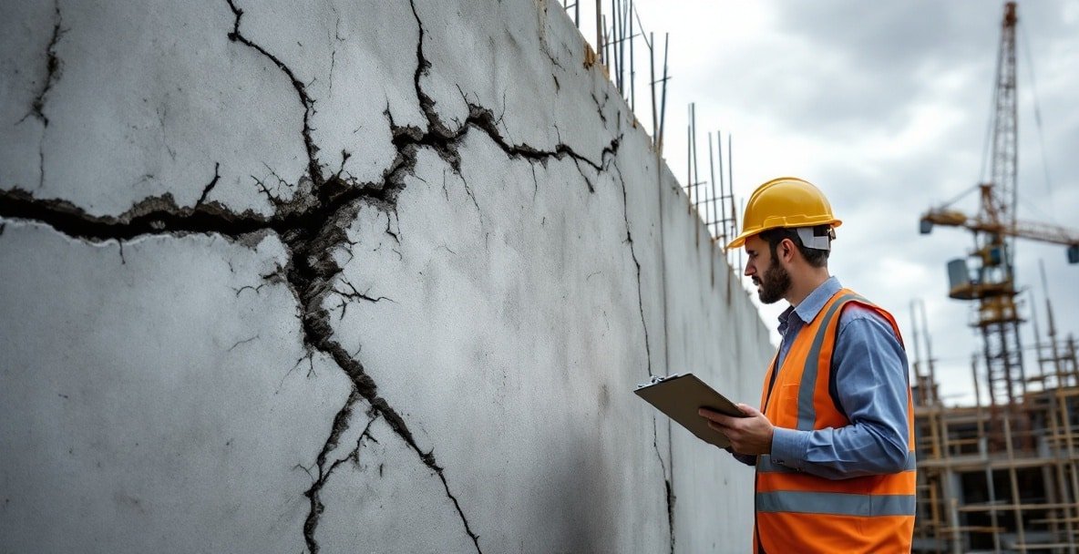 Construction site with structural flaws; worker examines cracked wall with exposed rebar.