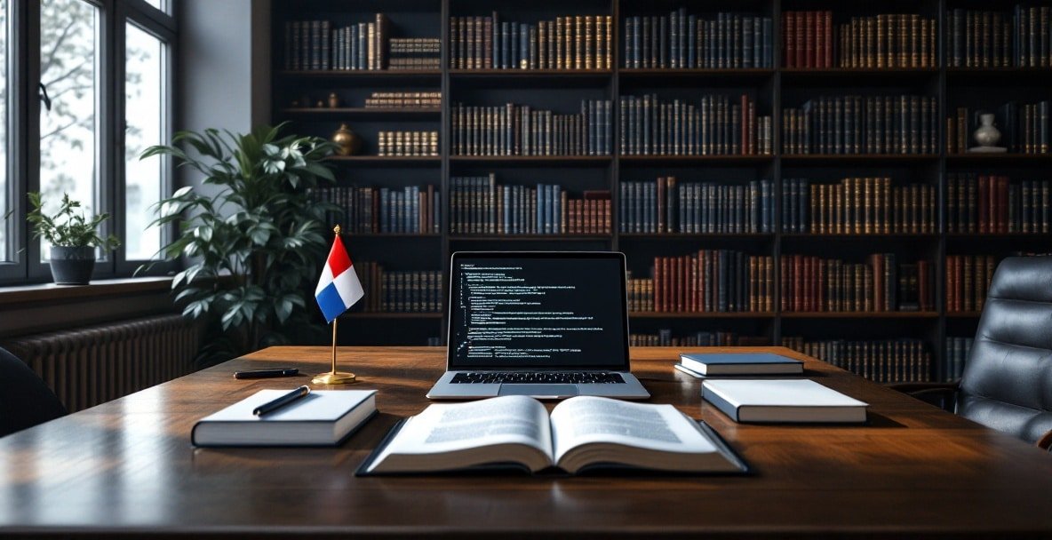 Modern Dutch law library with a central table, law books, laptop, and subtle Netherlands flag elements.