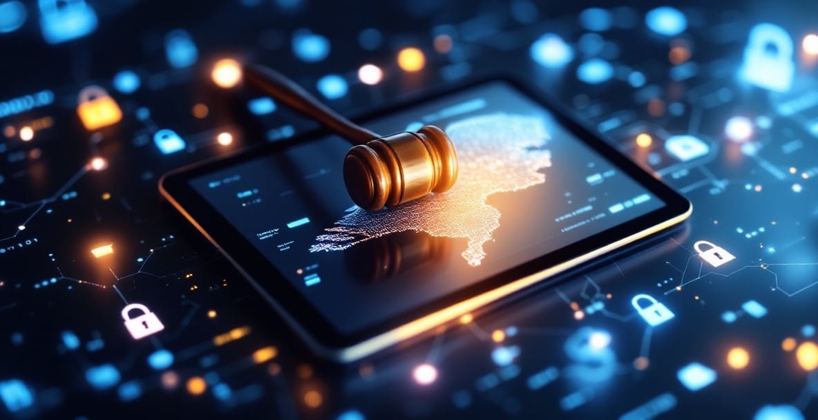 Gavel on digital tablet showing Netherlands map with cybersecurity icons around it.