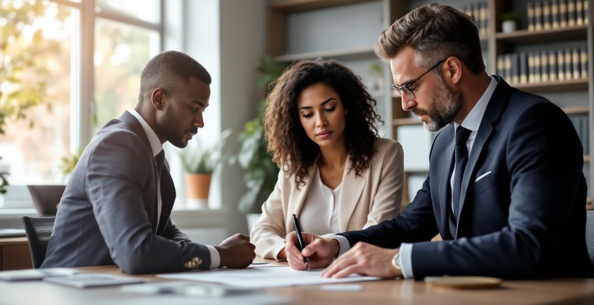 Lawyer and client discuss legal documents in a modern office.