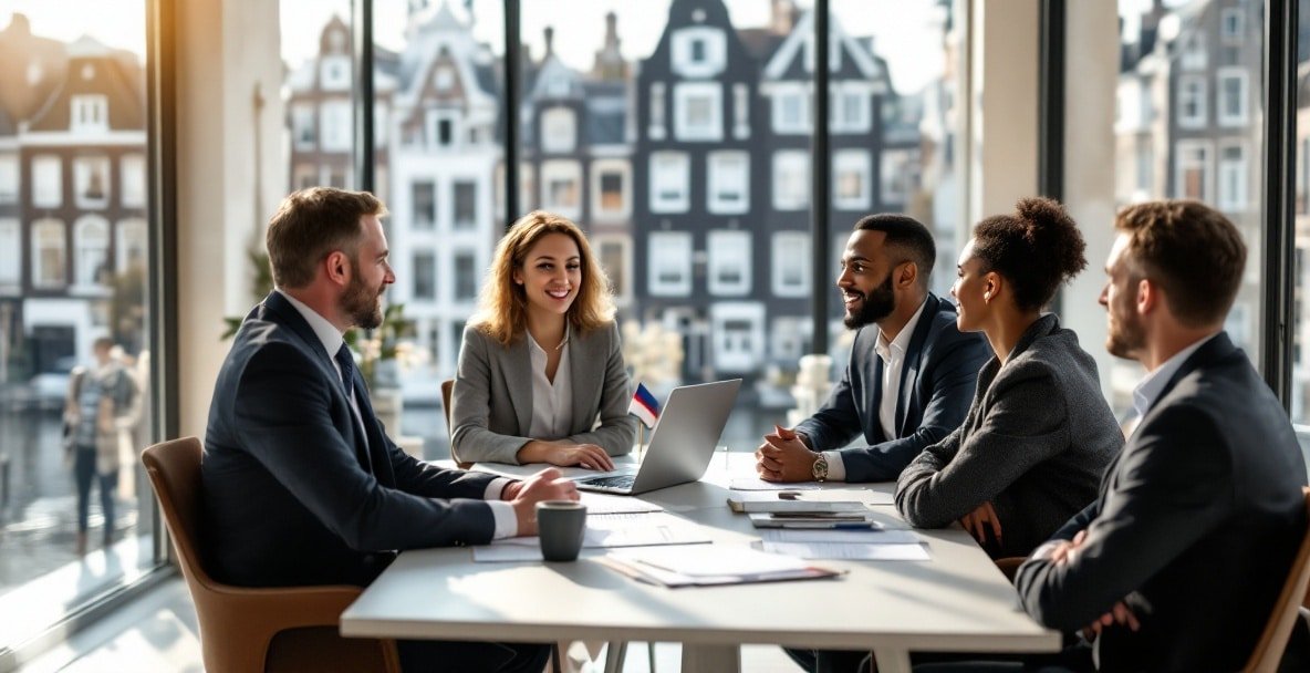 Dutch lawyer consults diverse clients in a modern office with Amsterdam canal view.