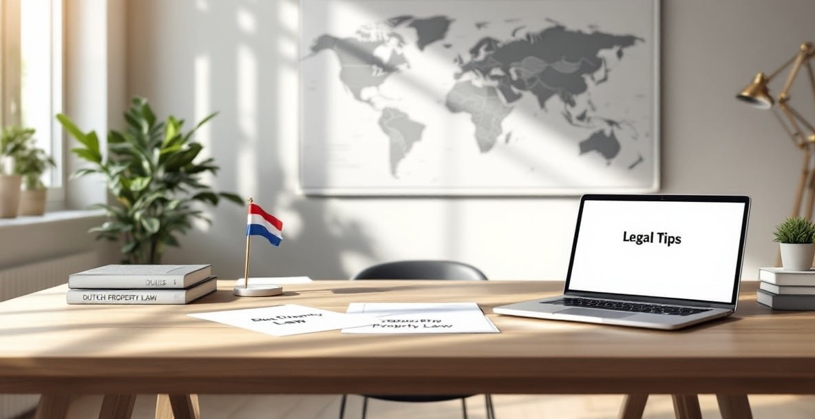 Professional legal office with desk featuring Dutch property law materials and world map highlighting the Netherlands.