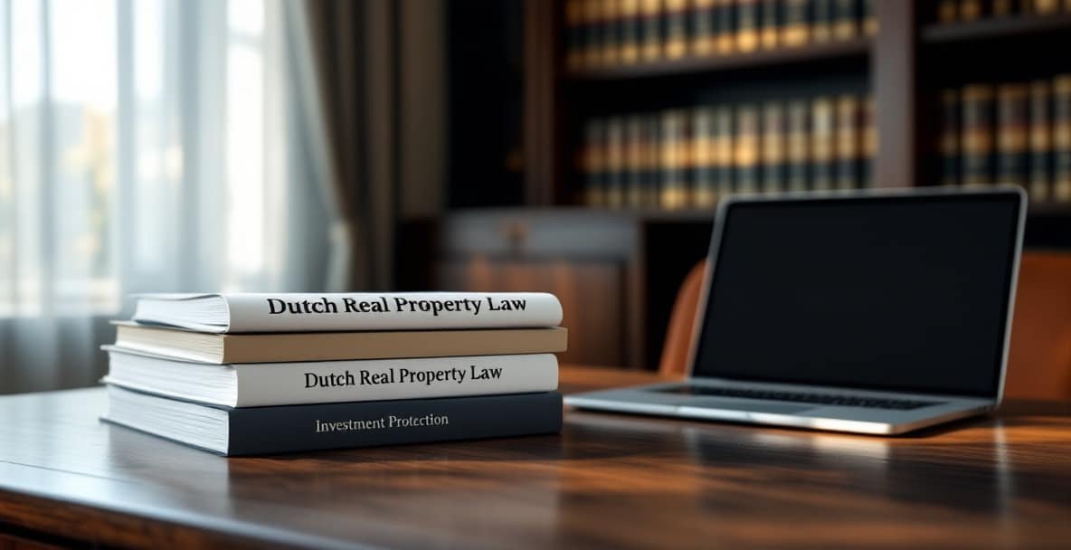 Elegant office desk with legal documents on Dutch real property law and a laptop showing 'Investment Protection'.