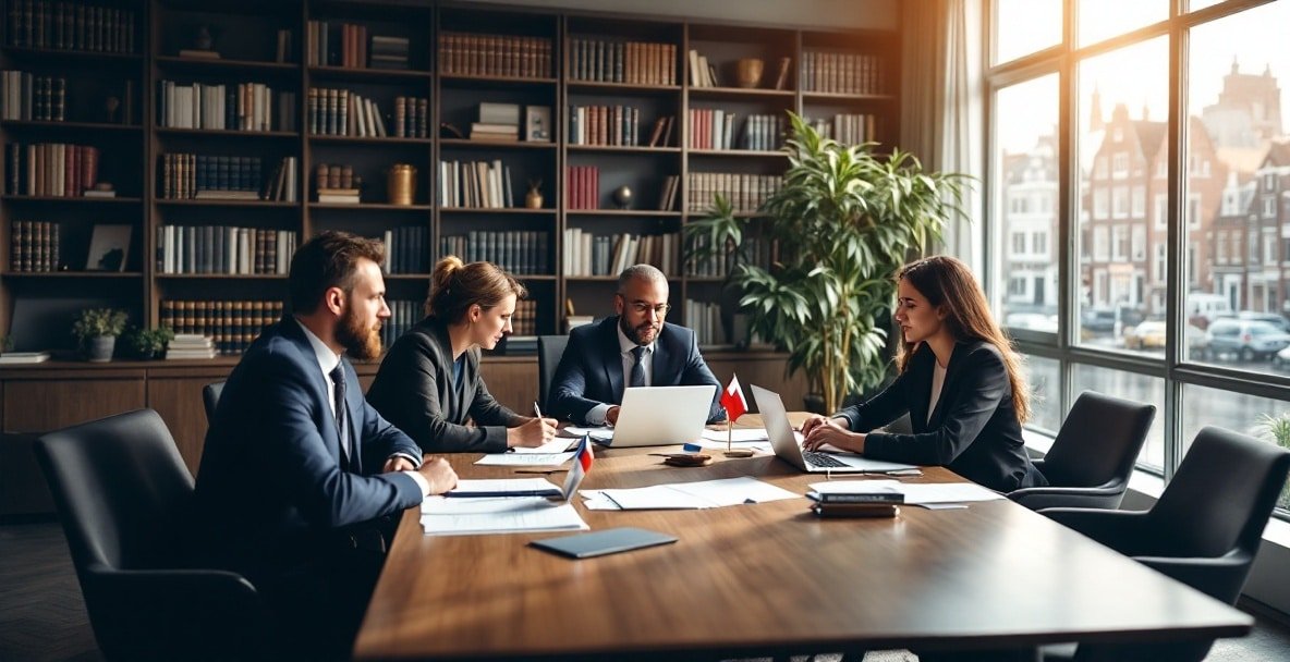 Diverse legal experts discuss insolvency at a conference table with a Dutch city view.