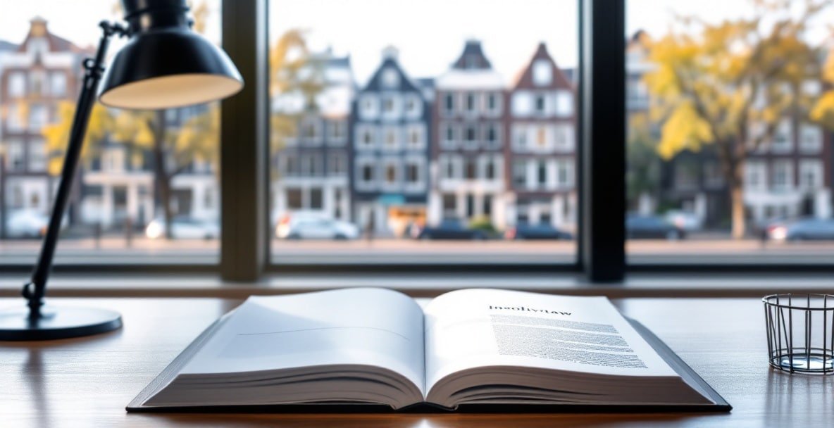 Lawyer with Dutch law book on insolvency, desk view, Amsterdam canal houses in background.