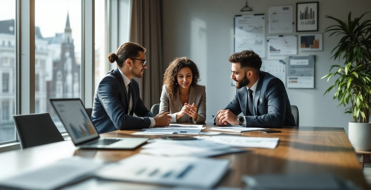 Office scene with professionals at a Dutch legal firm discussing company restructuring.