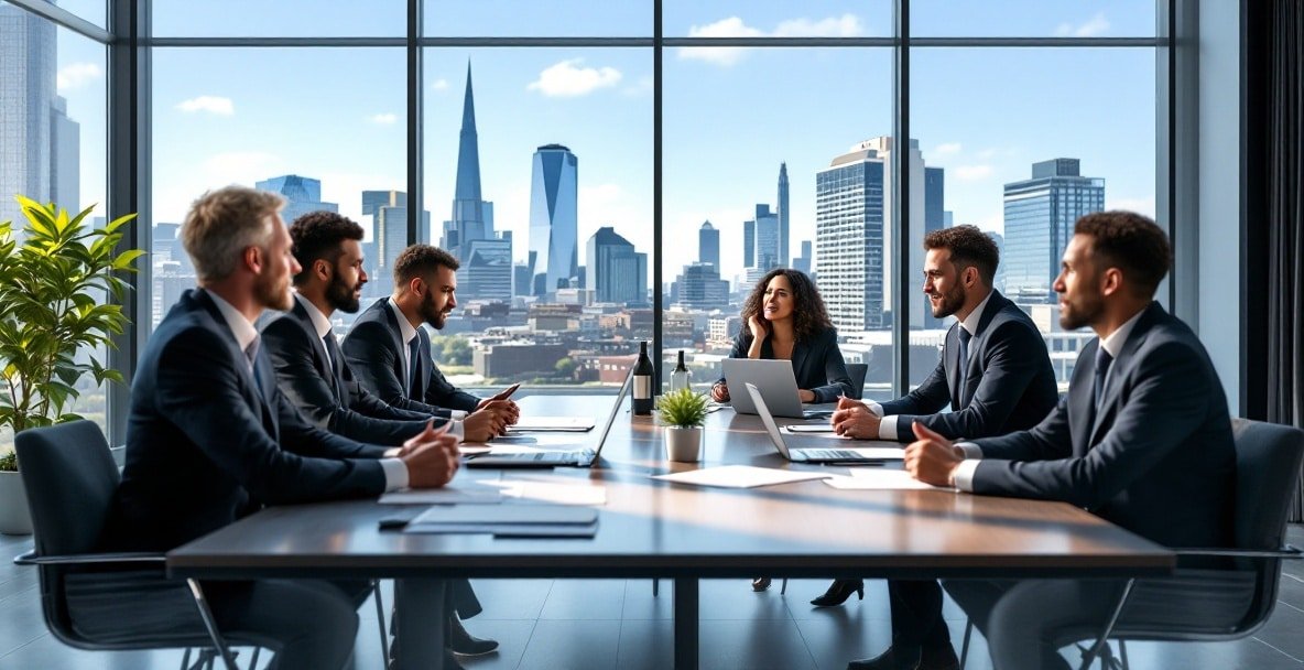 Diverse professionals discuss restructuring in a modern Amsterdam meeting room.