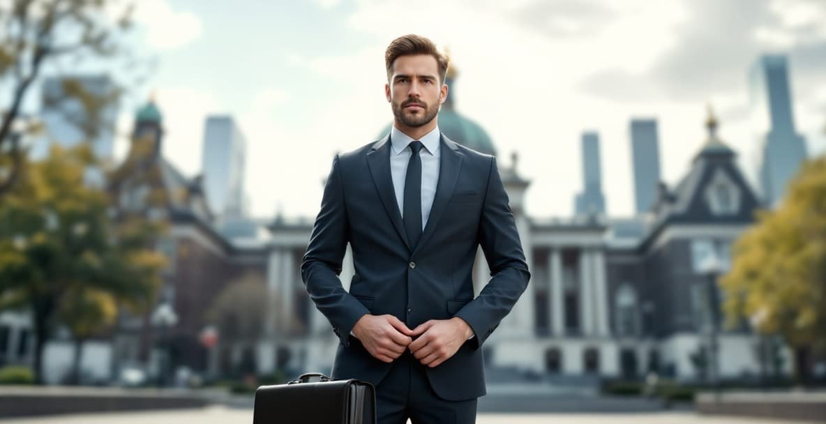 Determined individual in business attire stands before Dutch courthouse with briefcase.