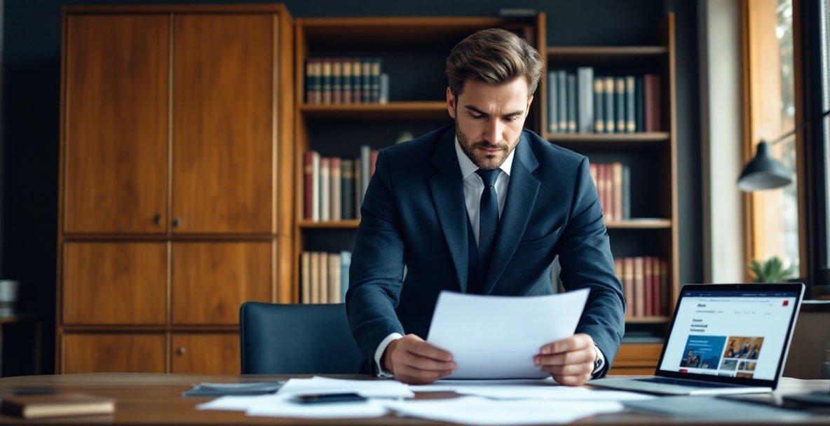 Confident lawyer reviews legal documents in a Dutch law office.