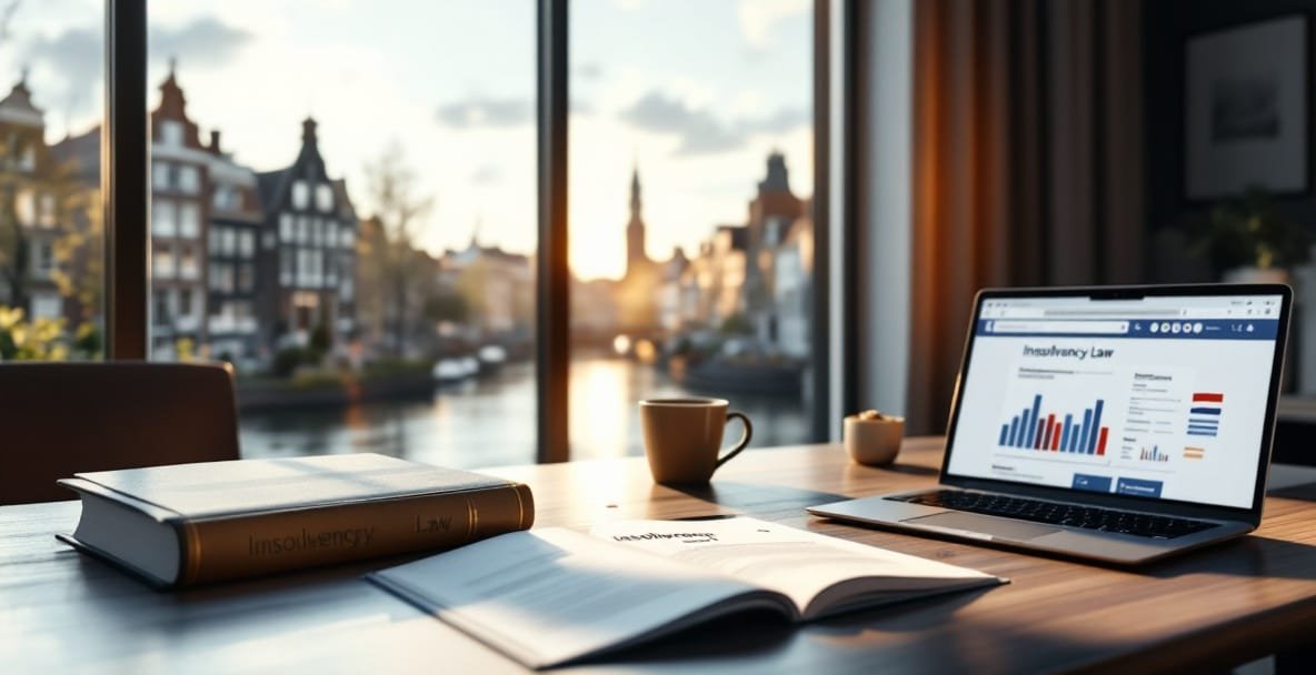 Modern office with legal books and laptop, Dutch canal houses visible through window.
