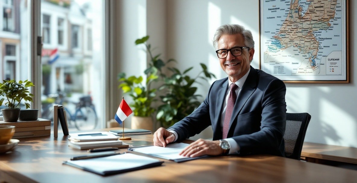 Dutch legal office with lawyer, wooden desk, and Dutch flag, overlooking European street with canals and bicycles.