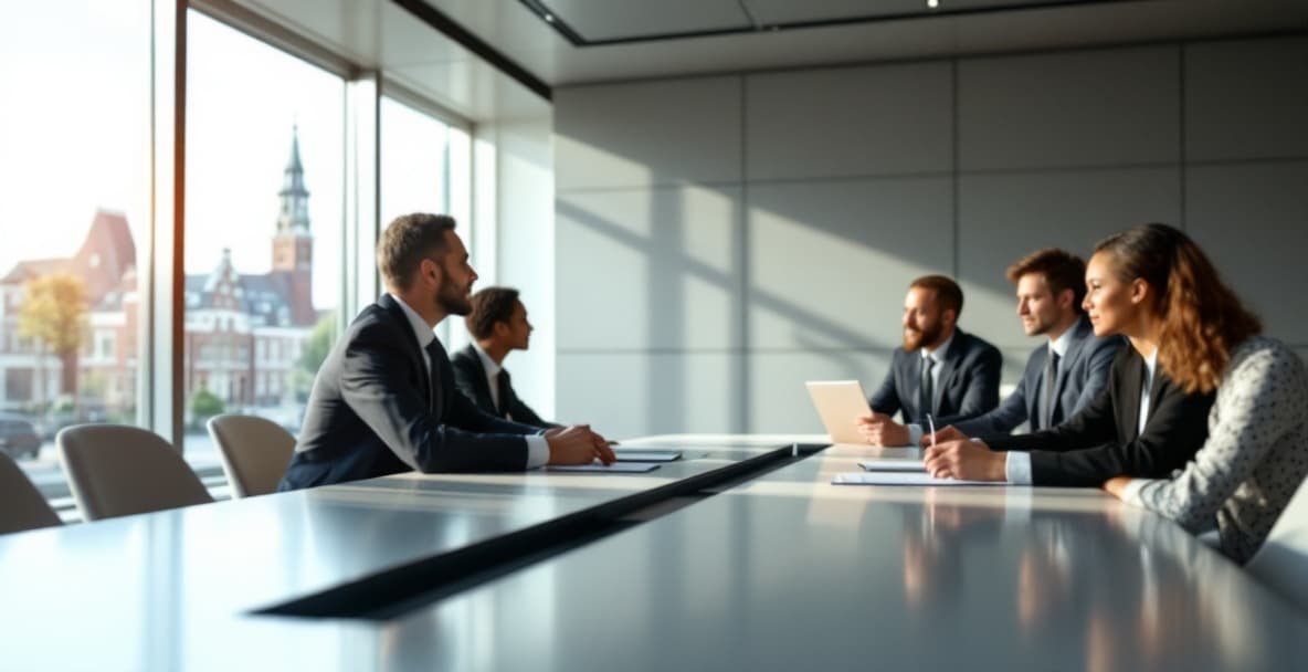 Professional meeting room with diverse attendees discussing ethical practices in debt collection.