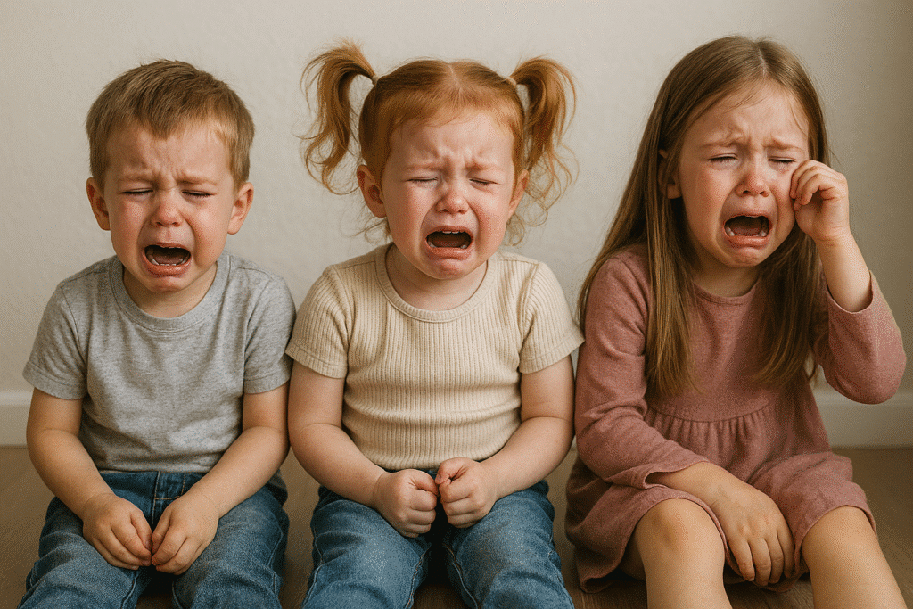 Three children sitting on floor.