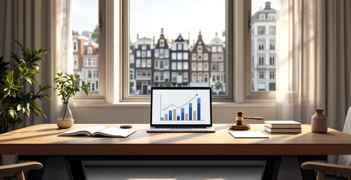 Modern Dutch law office with a desk, legal books, laptop, and Amsterdam canal view.