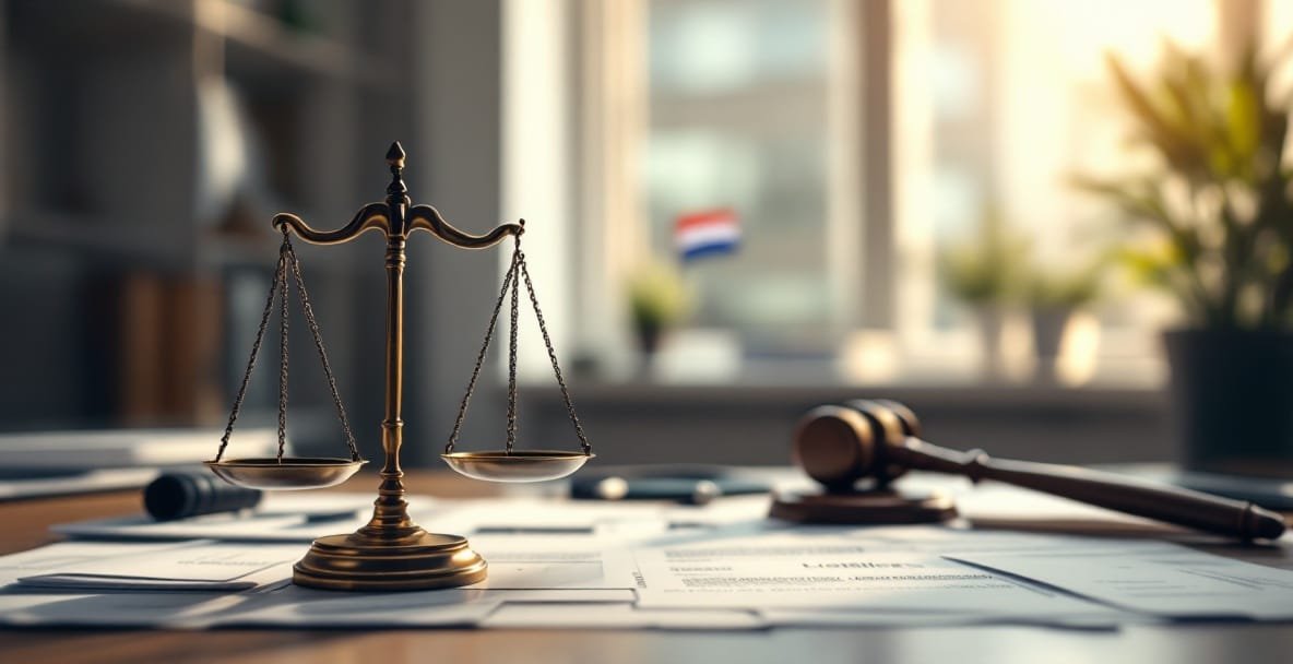 Scale of justice with legal symbols depicting Dutch company liability issues.