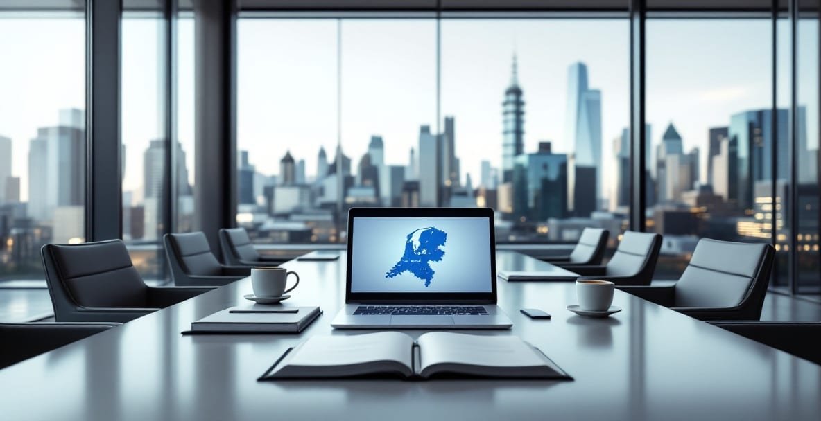Modern law office with a high-tech conference room and Dutch skyline view.