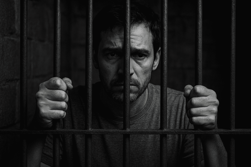 Person behind bars in dim light.