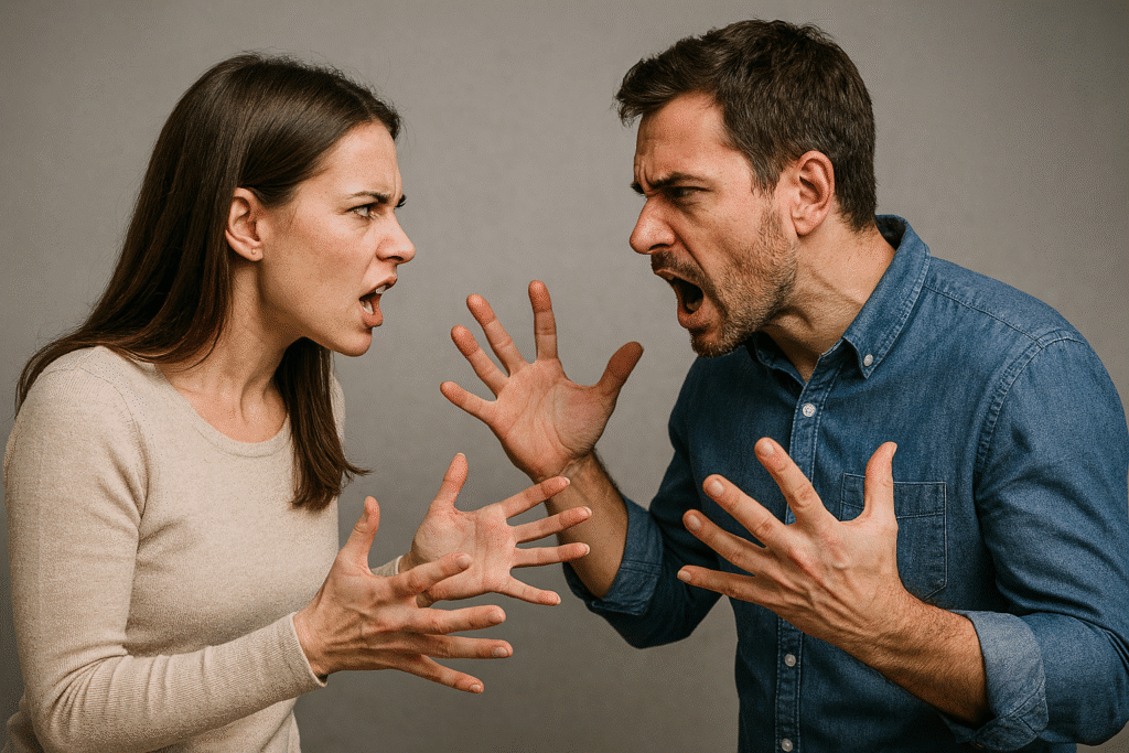 Couple arguing with expressive gestures.