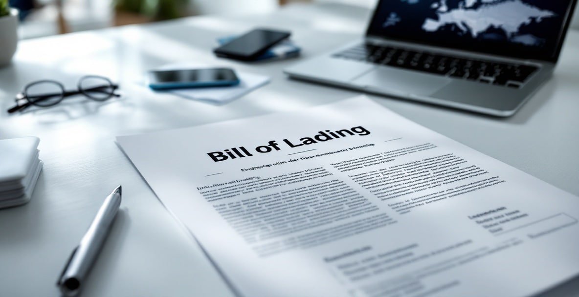 Modern desk with bill of lading document, pen, glasses, smartphone, and laptop.