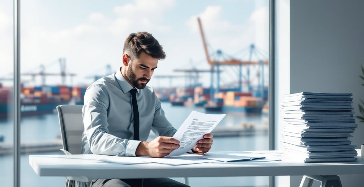 Person reviewing a Bill of Lading at a desk with a port view.