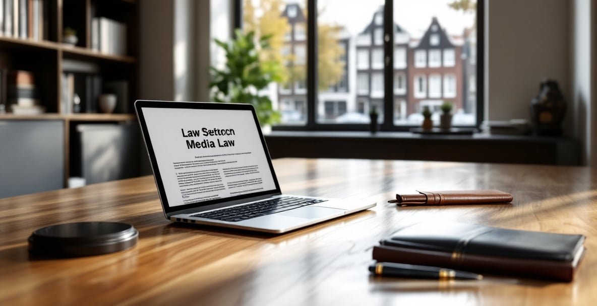 Modern Dutch office with a conference table, laptop, and Amsterdam view through a window.