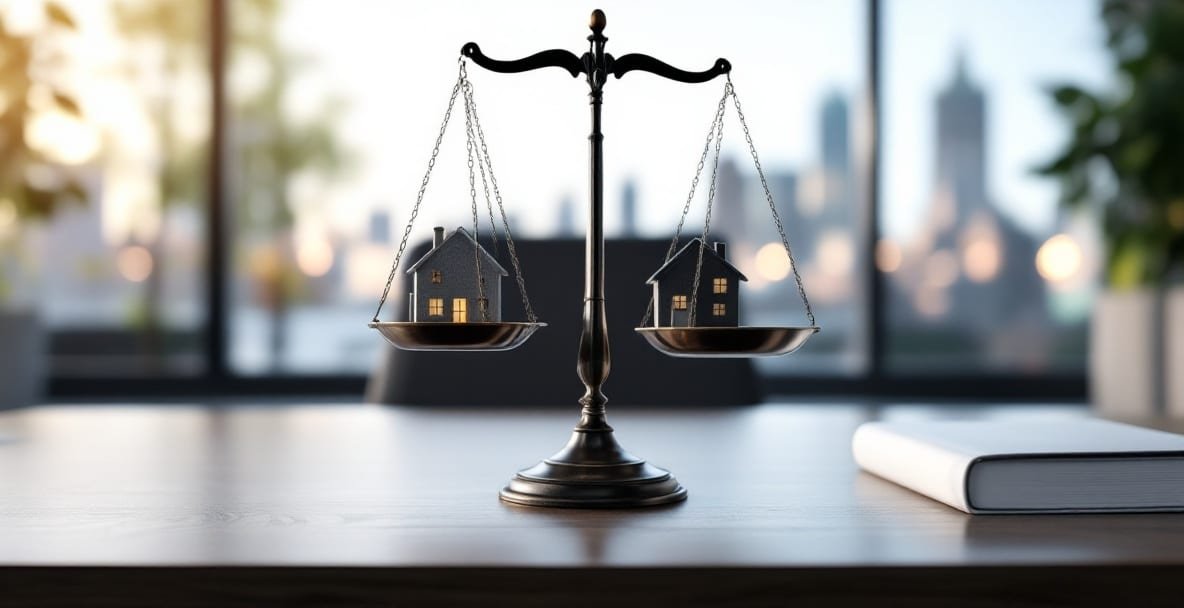 Navigating Tenancy Laws: Essential Tips for 2025 5 Balanced scale with a house and legal book, symbolizing tenant rights and responsibilities.
