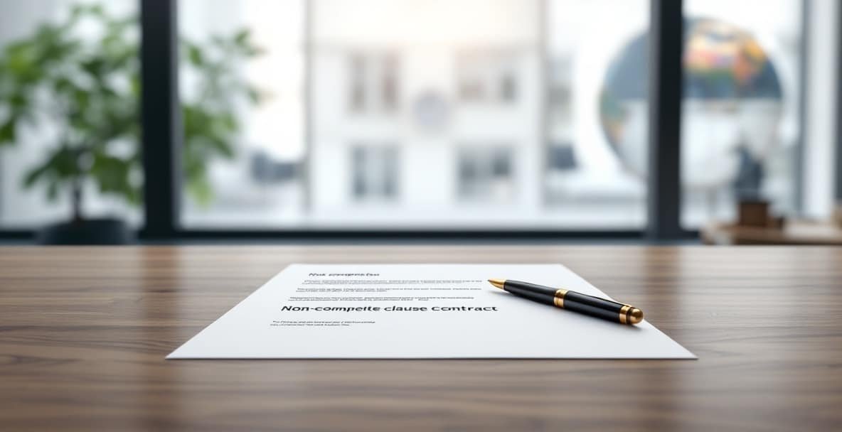 Professional office desk with a non-compete contract and fountain pen, highlighting business readiness.