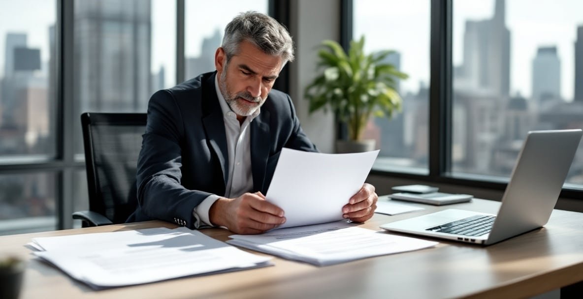 Business professional reviews legal documents on non-compete clauses at a modern desk with a cityscape view.