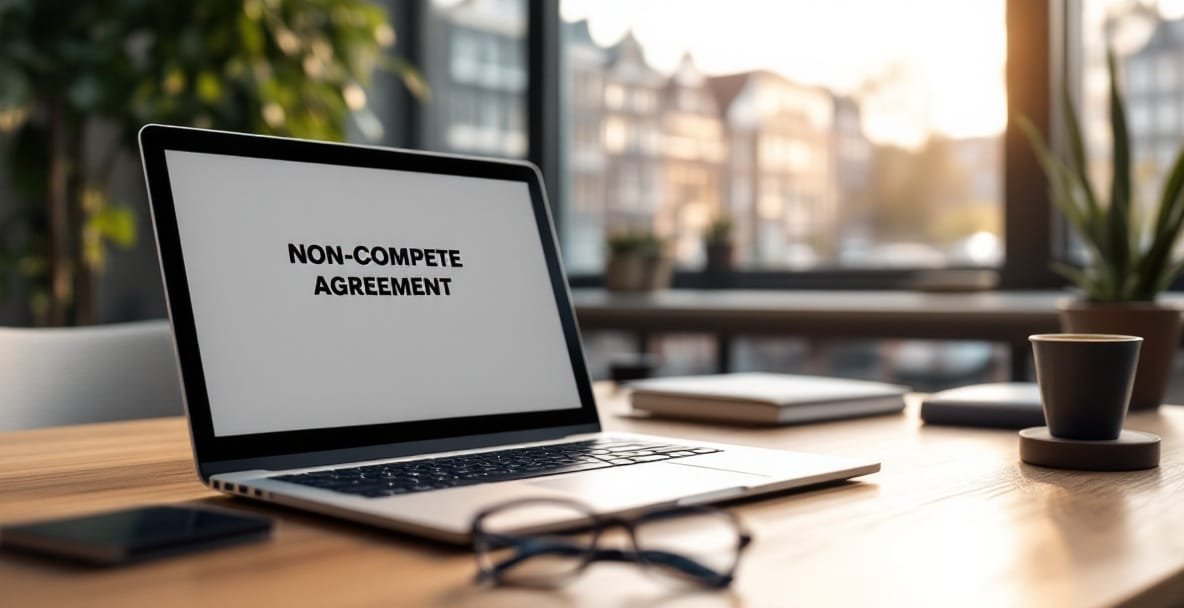 Modern legal office with a non-compete agreement on a laptop in front of Amsterdam canal view.