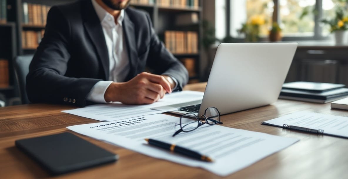 Lawyer at desk drafting a non-compete clause with books and documents.