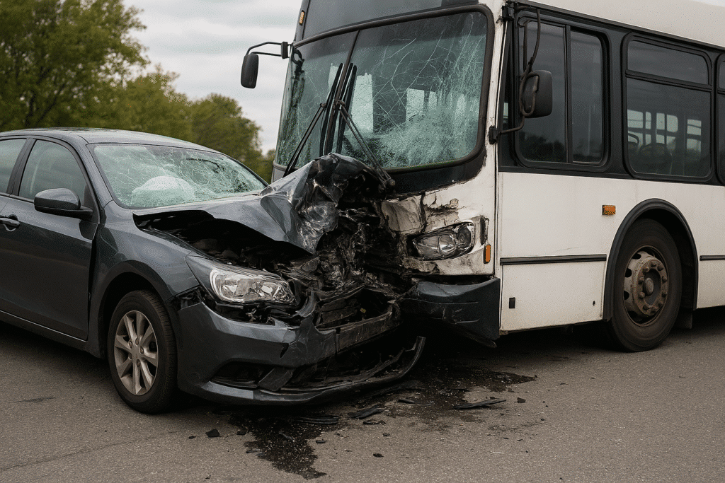 Severe collision between bus and car.