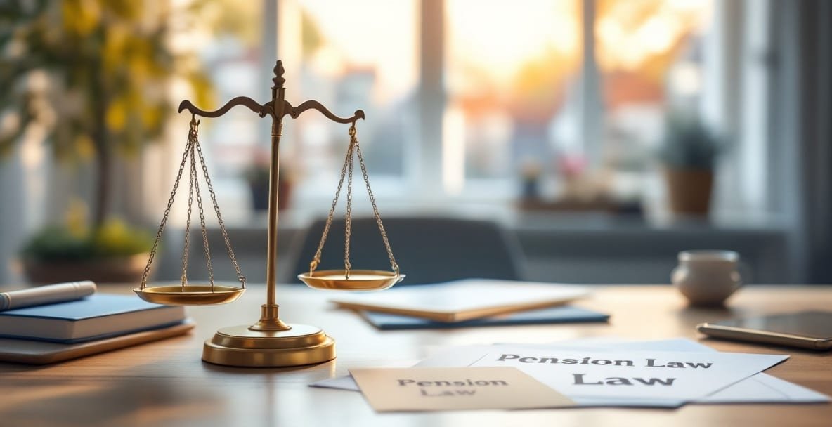 Balanced scales on a table with Dutch pension law documents, against a backdrop of canal house outlines and a Dutch flag.