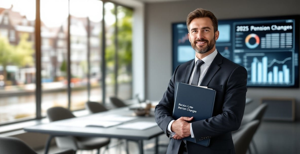 Dutch lawyer with folder '2025 Pension Changes' in modern office, Amsterdam cityscape visible.