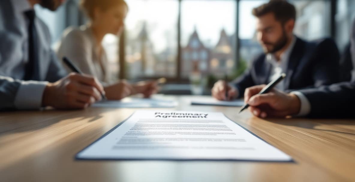 Professionals review a document titled 'Preliminary Agreement' in a modern office with Amsterdam's architecture in the background.