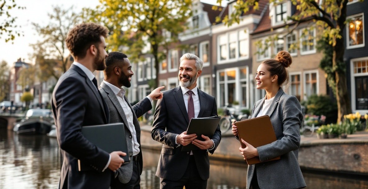 Expats in business attire review legal documents near Dutch canal houses.