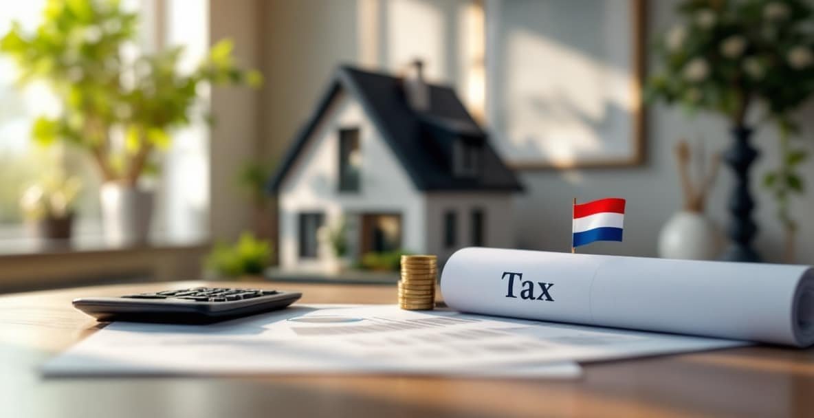 Dutch-style house with financial documents and a Dutch flag, representing expat home-buying tax implications.