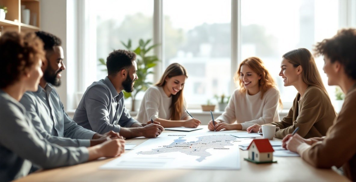 Diverse group discussing Dutch home purchase around a table with map, documents, and house model.