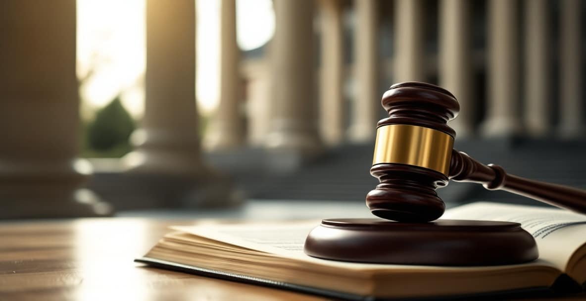 Realistic scene depicting 'cassatie' with a gavel on a law book in front of a Dutch courthouse.